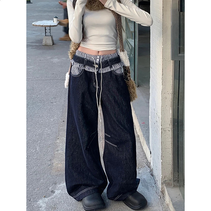 Womens casual retro plain patchwork denim Trouser Harajuku loose jeans spring deep blue high waisted Y2K 2000s pants 250422