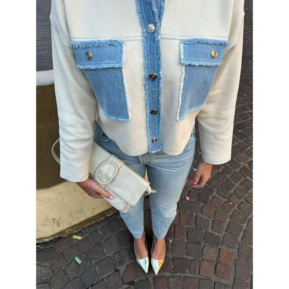 Y2k Women Patchwork Jacket Coat Lapel Long Sleeves Jeans With Packets Spring Casual Lady Denim Coats Designer Outwear Top