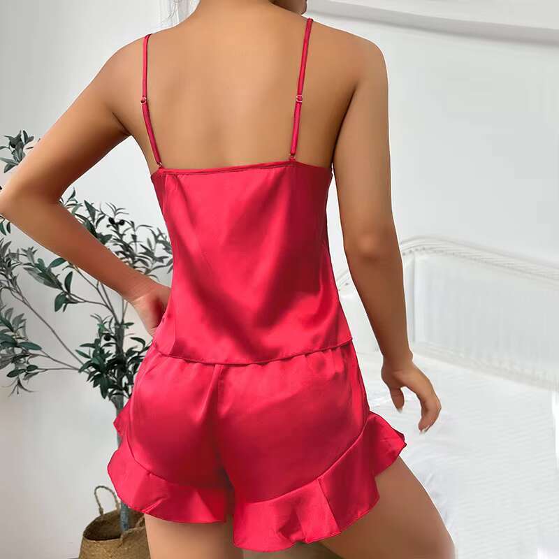 Ice Silk Pamas Women's Halter Shorts Nightgown Three-Piece Sleepwear Summer Comfort Outside Home Wear