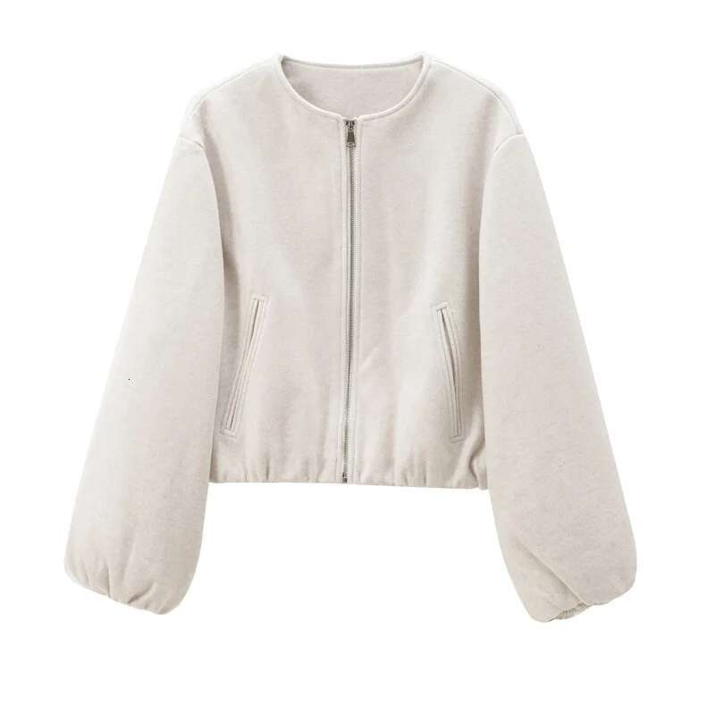 Designer Clothes TRAF Outerwears Cropped Bomber Jacket Women Autumn Long Sleeve Faux Wool For Woman Winter Zip Up Gray Beige Short Coats