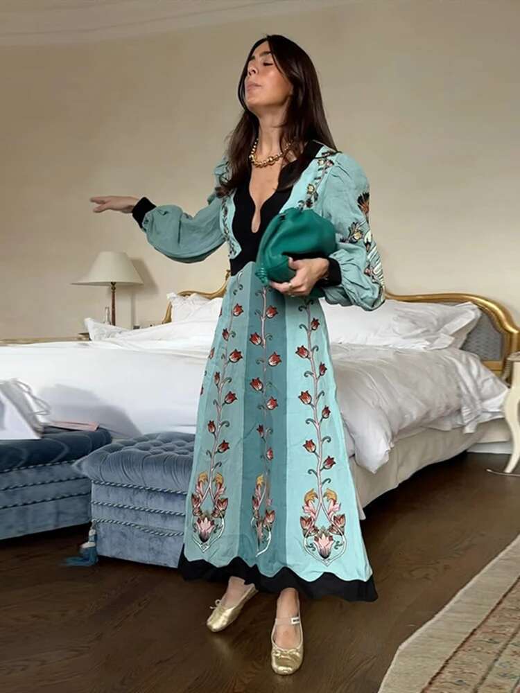 Elegant Printed Deep V-Neck Dresses Women Vintage Loose Backless Long Sleeve Maxi Dress Lady New Spring Chic Party Beach Holiday
