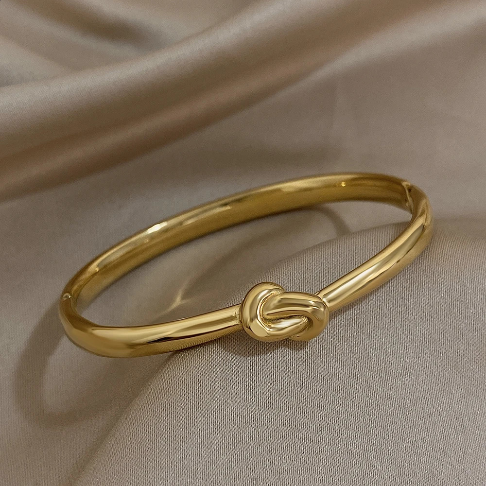 Simple thin stainless steel knot bracelet suitable for women unisex style gold cuffs waterproof and stackable jewelry gift 250415