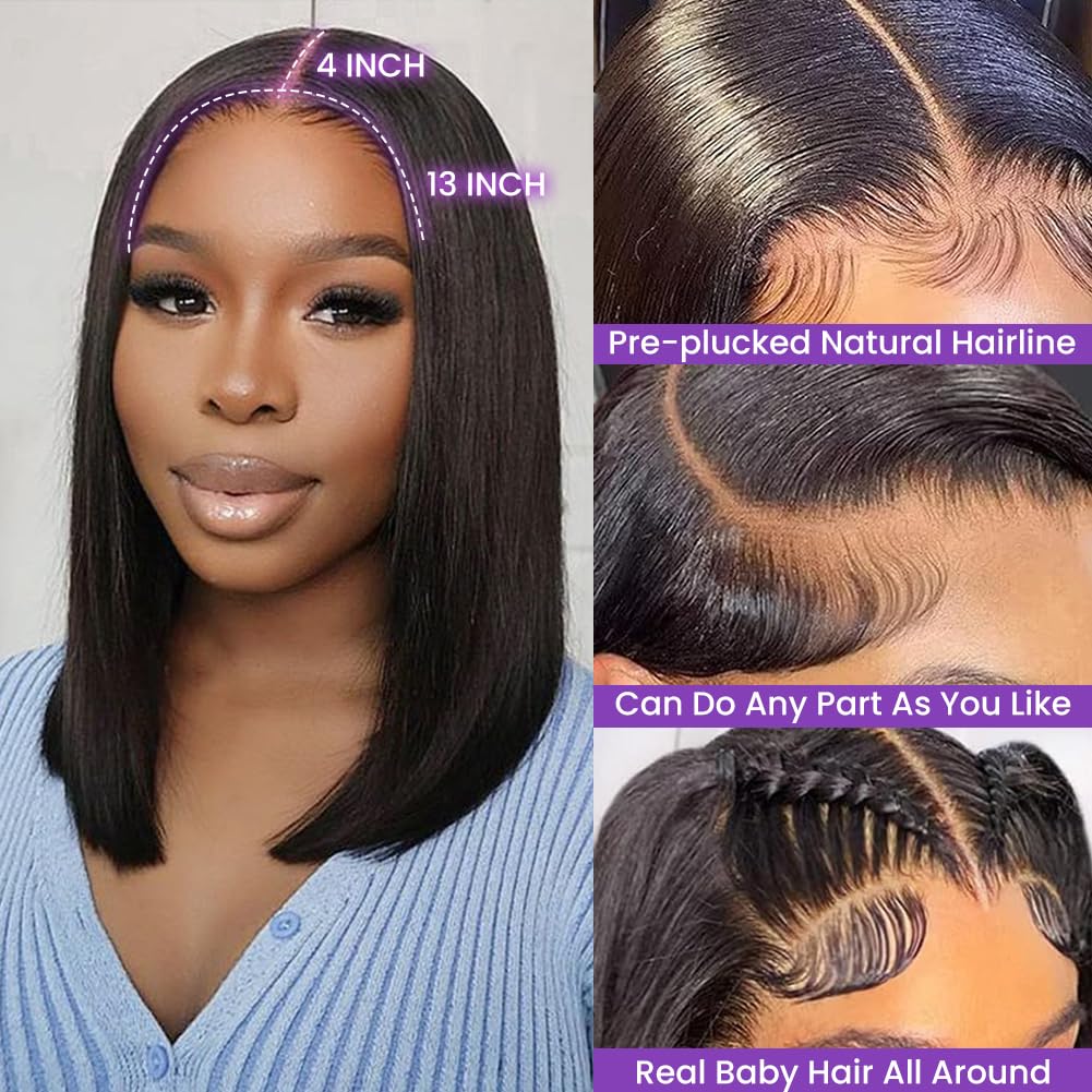 Black 13x4 Bob Wig HD Closure Lace Front Brazilian Human Hair For Black Women Pre Plucked Short Wig Natural Straight Hair HD Frontal Wig Short Hair Fa