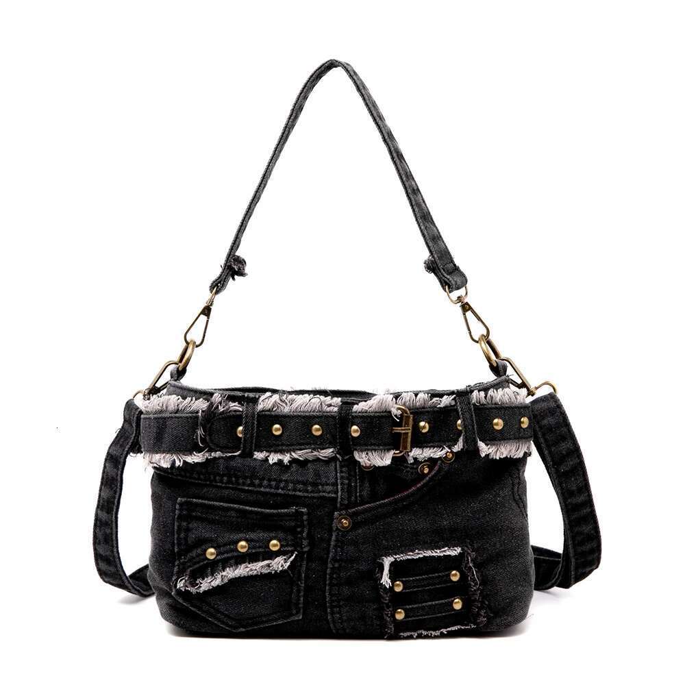 Leisurel Handbag Cool Cowboy Material Jeans Pocket With Metallic Rivets And Buckle Denim Cross Body Bag