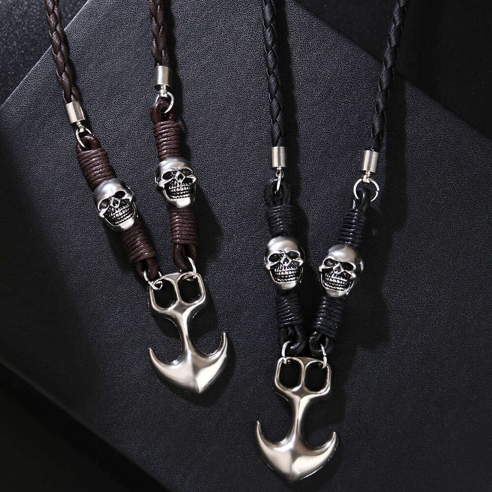 Versatile design Halloween alloy boat anchor pendant hot selling personalized skull head woven necklace