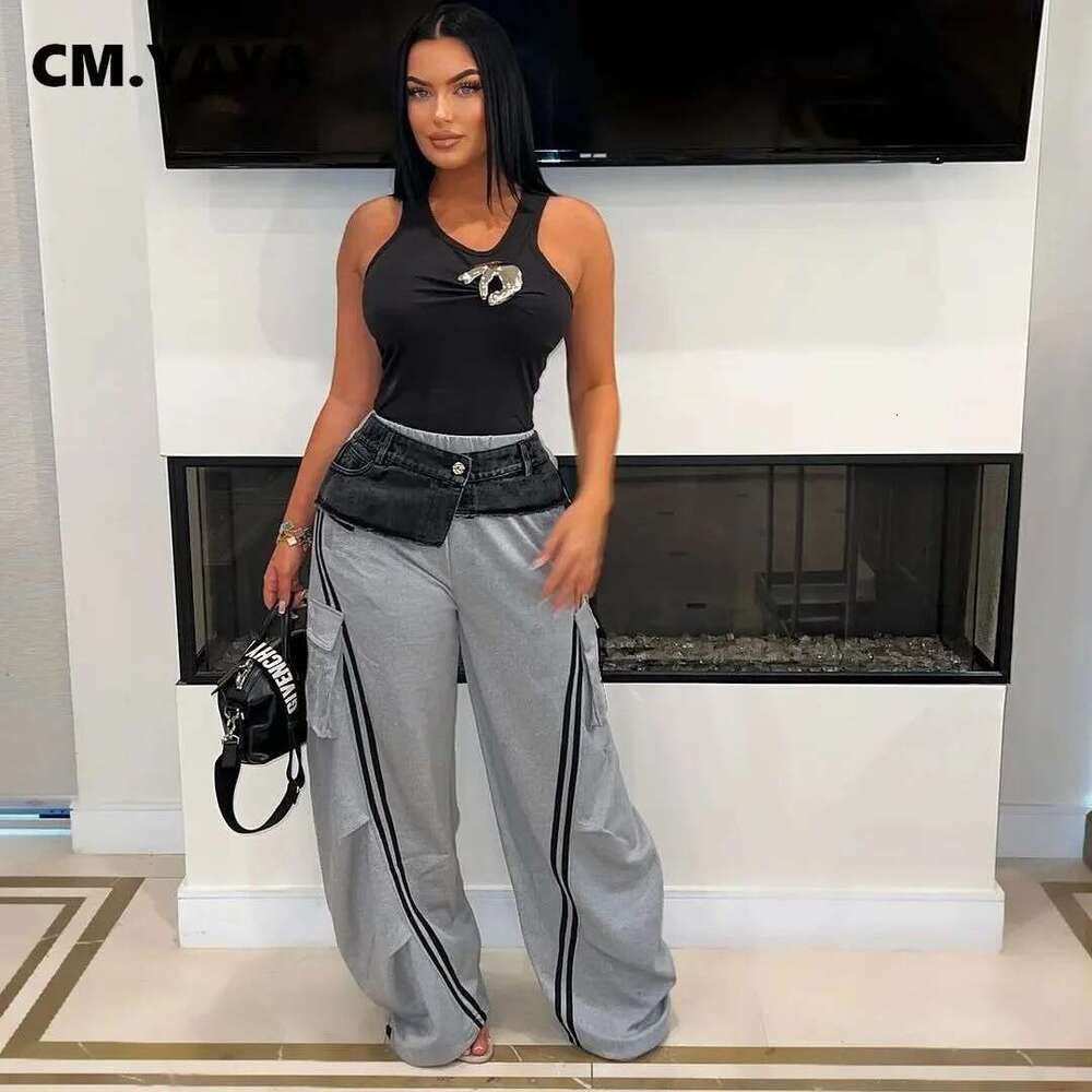 Cm.Yaya Fashion Women Denim Patchwork Pocket Side Wide Leg Loose Jogger Pants 2024 Active Jean Splicing Sweatpants Trousers