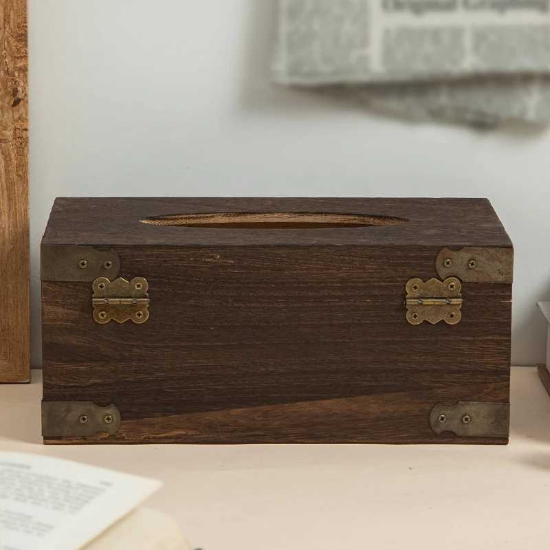 Solid Wooden Tissue Box Vintage Metal Lock Paper Napkin Holder Dispenser Case Bathroom Office Desk Living Room Home DecorationM251124