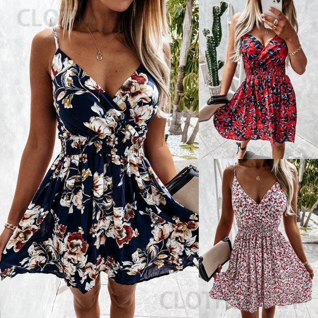 2024 new summer fashion V-neck floral suspender waist cinching dress for women