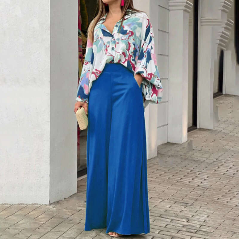 2025 Women's Autumn Printed Shirt Elegant Wide Leg Pants Fashion Casual Set