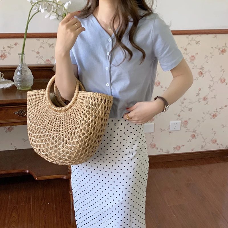 Hollow er Beach Shoulder Bag High Quality Straw Handbag Women Summer Raffia Woven Travel Basket Tote Bags 250417
