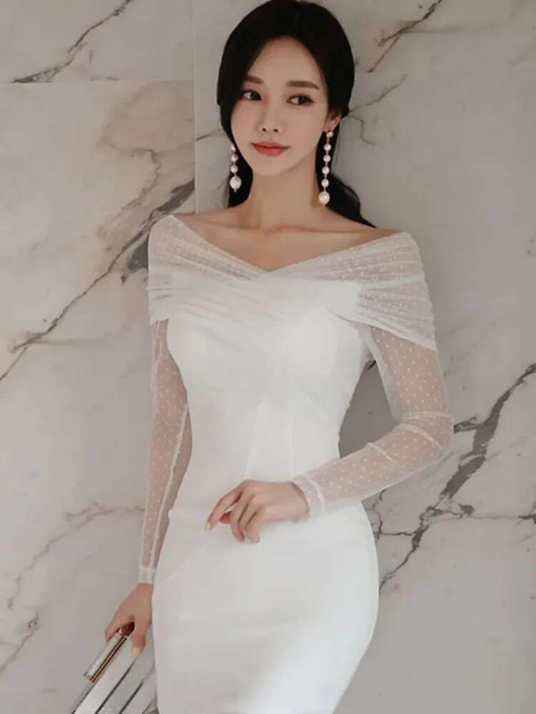 Elegant Office Lady Dress Summer White Lace Sexy Off Shoulder Slash Neck High Waist Tight Temperament Party Women's Dresses