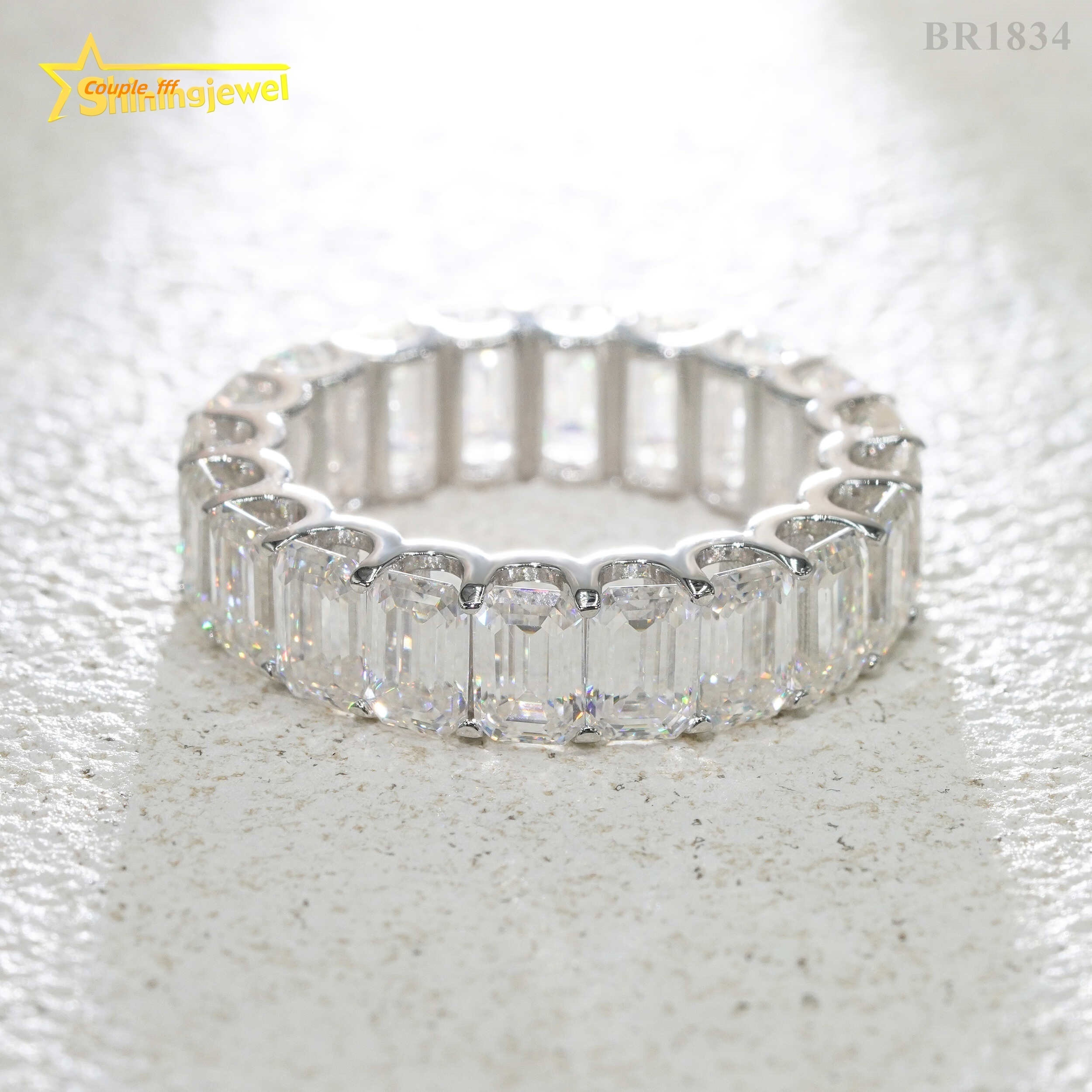 Classic Pass Tester Hip Hop Fine Jewelry 925 Sterling Silver Fully Iced Eternity Emerald Cut Band Ring Moissanite Iced Out Ring