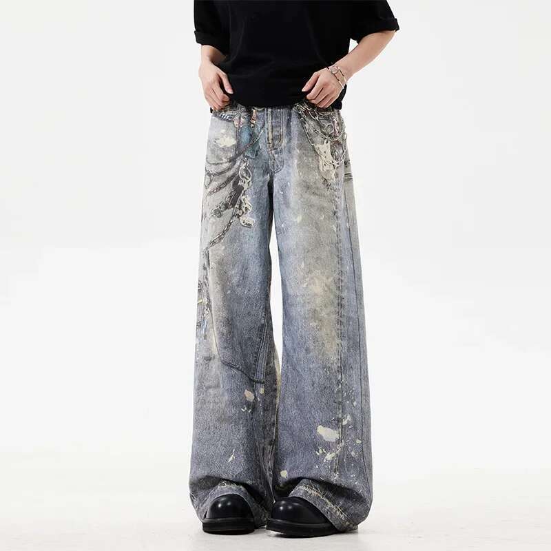New 3D Chain Printed Jeans For Men And Women Casual Baggy Straight Denim Pants High Street Wide-Leg Y2k Blue Jean