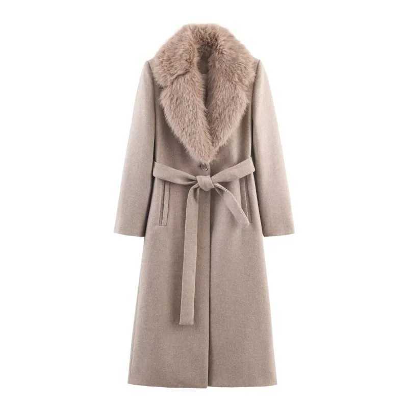 Autumn Women Wool Coat with Belt Casual Faux Fur Lapel Long Sleeve Shoulder Pads Pocket Lady Outerwear Female Chic Overcoat J251124