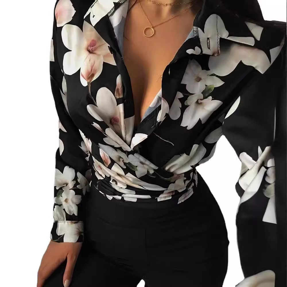 2021 autumn loose long sleeve V-neck printed womens shirt
