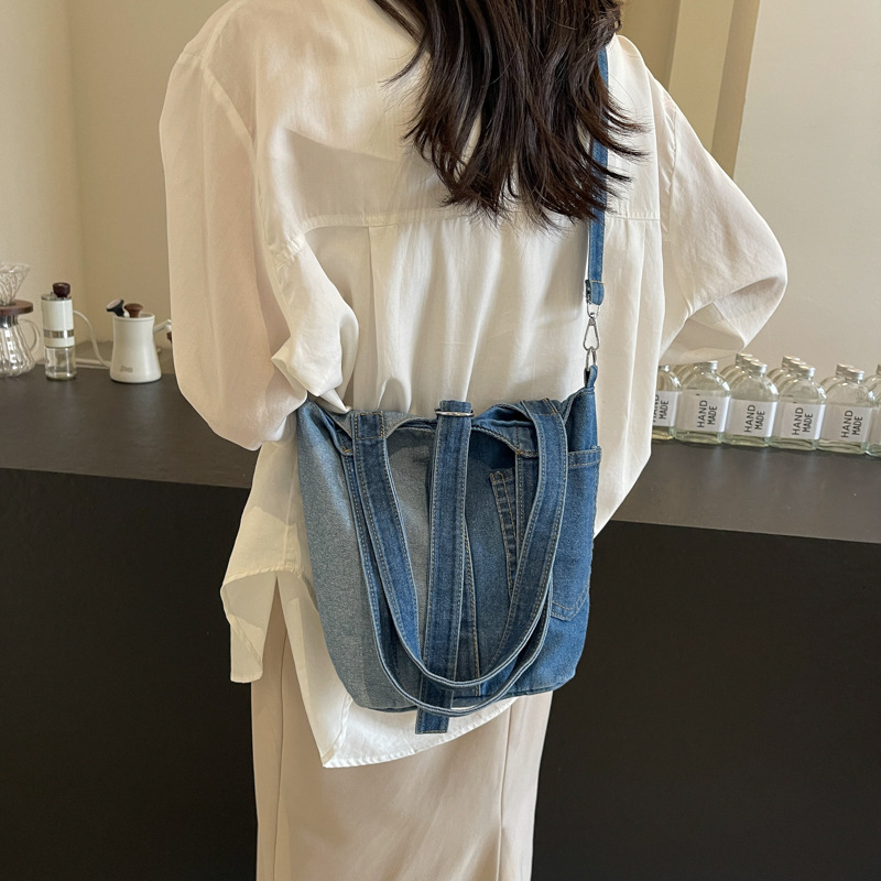 designer bag Small niche bucket canvas women's 2024 Korean version artistic fashion handbag shoulder spliced denim crossbody bag