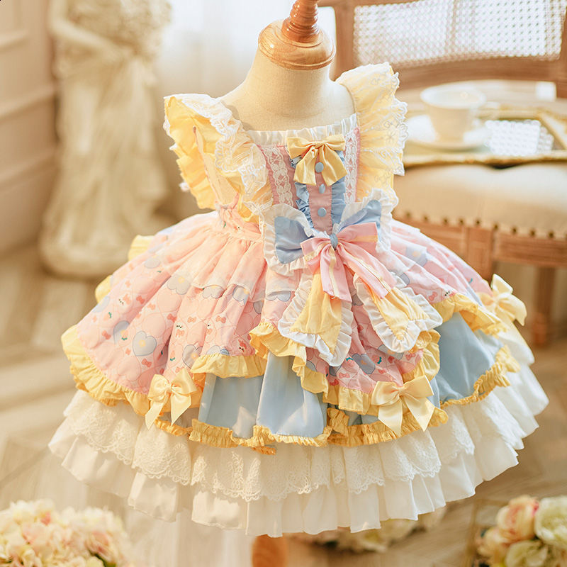 Baby Clothing Spanish Vintage Lolita Ball Gown Lace Bow Print Birthday Party Easter Cute Princess Dresses For Girl A2332 240919