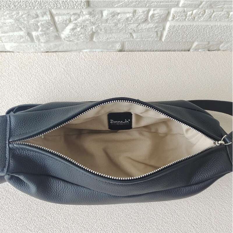 Donna-In Genuine Leather Cross-Body Women Men Classic Casual Black Hobos Chest Bag Comfortable Wide Shoulder Strap