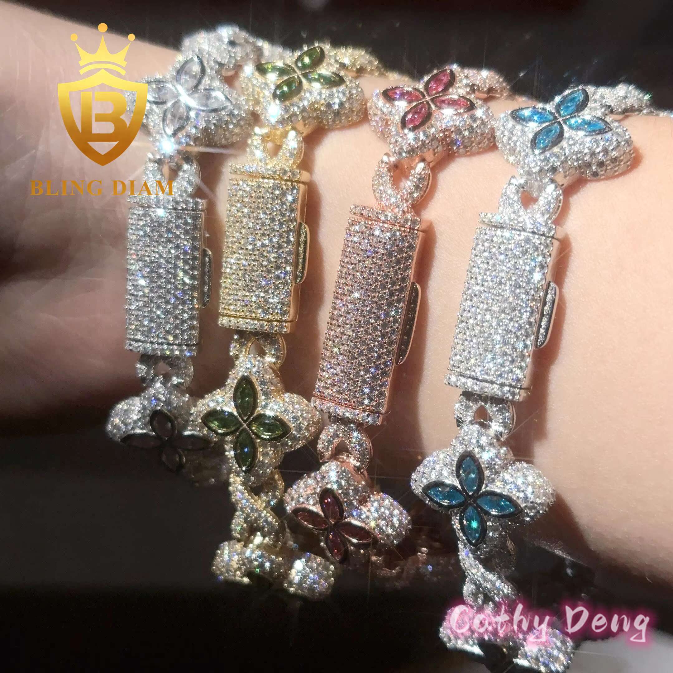 925 Silver Hip Hop Jewelry Marquise Cut Flower Moissanite Cuban Link Chain Bracelet for Men and Women Pass Diamond Test