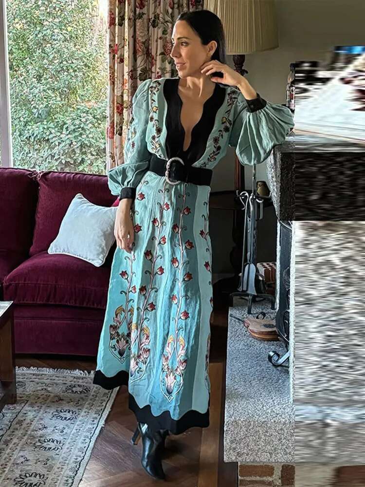 Elegant Printed Deep V-Neck Dresses Women Vintage Loose Backless Long Sleeve Maxi Dress Lady New Spring Chic Party Beach Holiday
