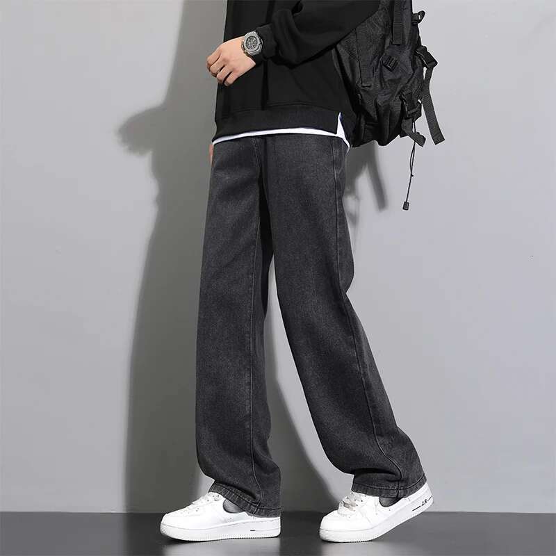 2025 New Korean Men's Casual Long Jeans Classic Man Straight Denim Wide-Leg Pants Solid Color Light Blue Grey Black