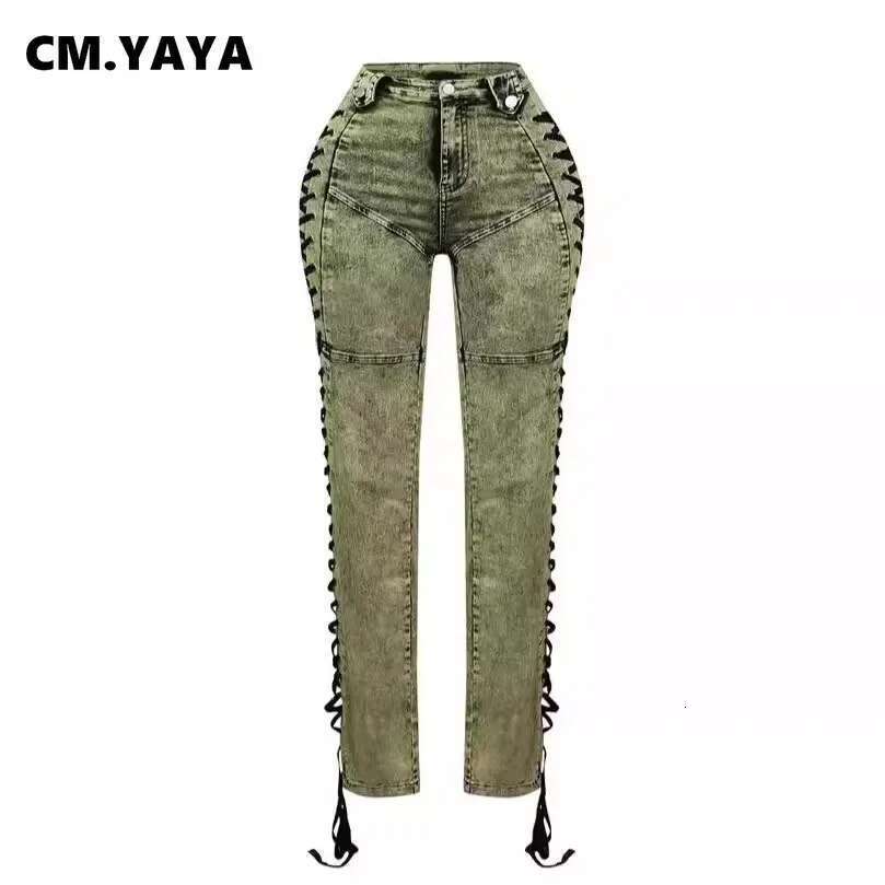 Cm.Yaya Women Streetwear Cutout Side Lace Up Cargo Pencil Denim Wide Leg Jeans Pants 2024 Fall Casual Fashion Holiday Trousers