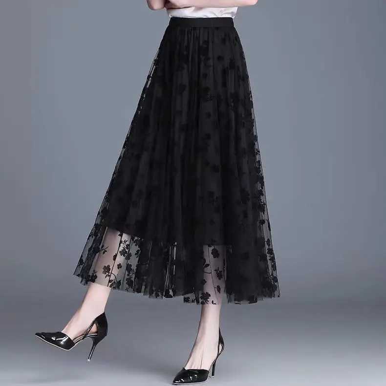 Korean womens chiffon skiing fashion summer hook flower loose Midi skiing elegant womens casual fully matched net skiing new M250424