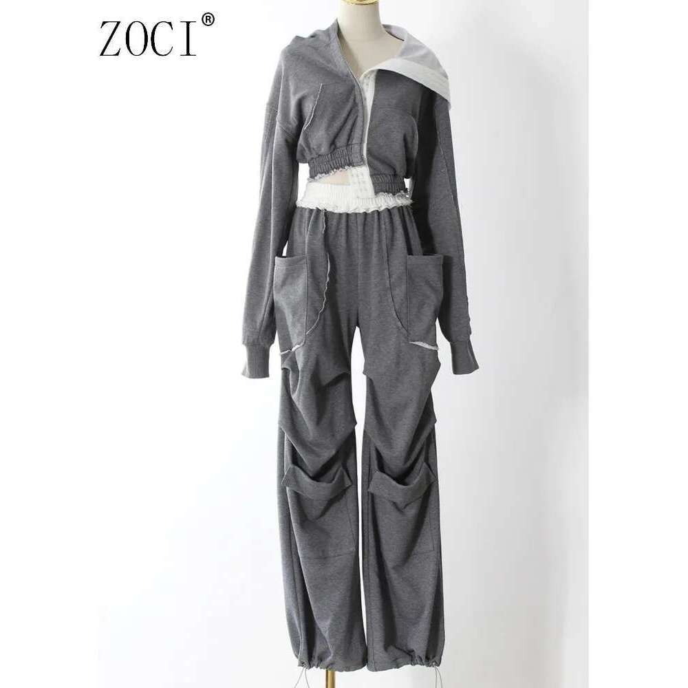 ZOCI Women's Gray Sweatshirts 2Pcs Pockets High Waist Sweatpants Solid Color Pleated Wide Leg Trousers Sets 2025 New Fc1353
