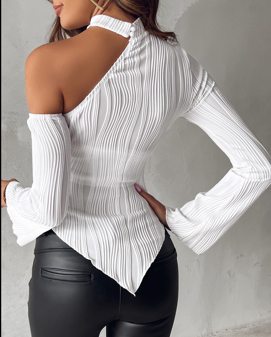 2023 autumn and winter new solid color long sleeved off shoulder round neck slim fit womens T-shirt