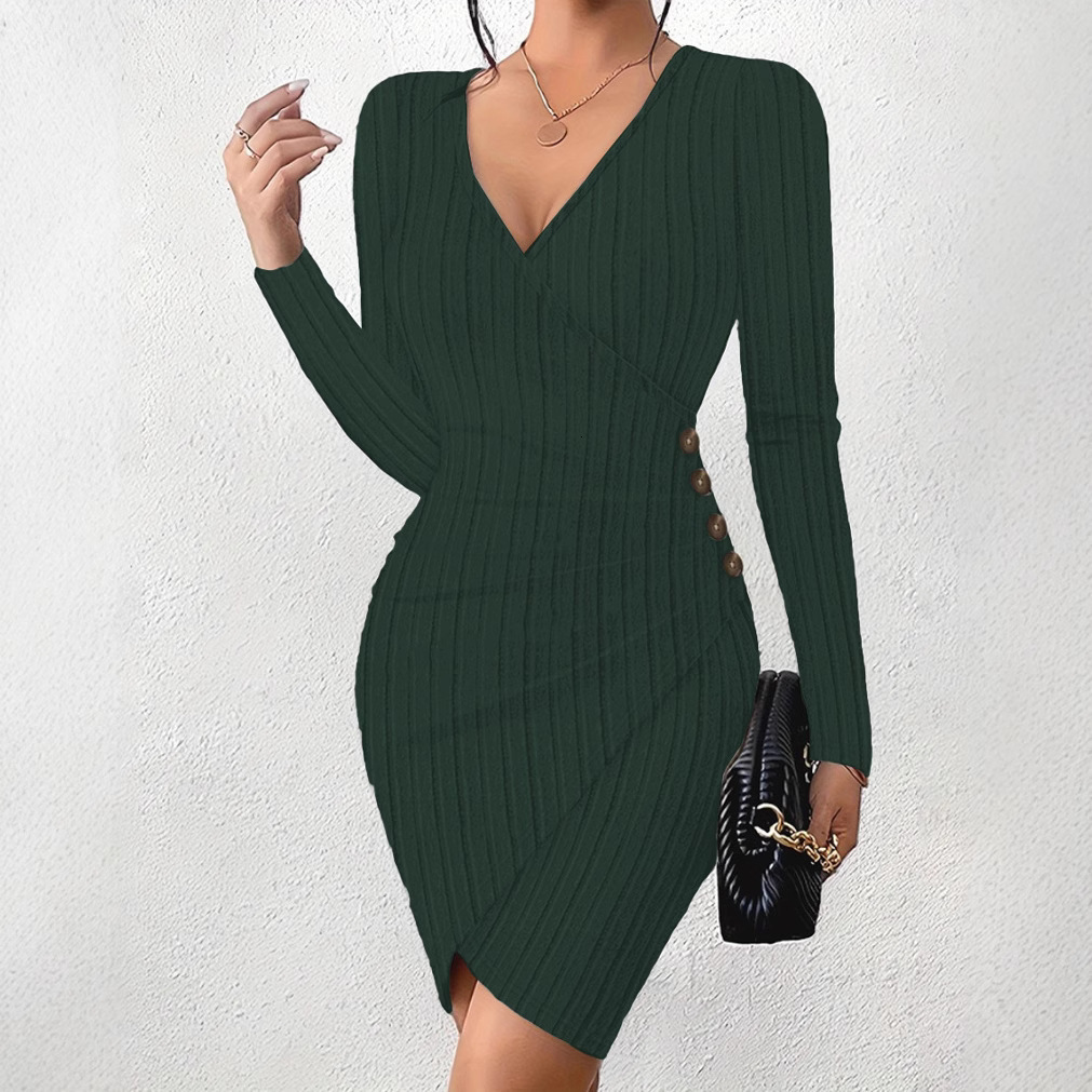 2023 autumn and winter new solid color V-neck tight fitting bag hip slimming sexy long sleeved dress for women