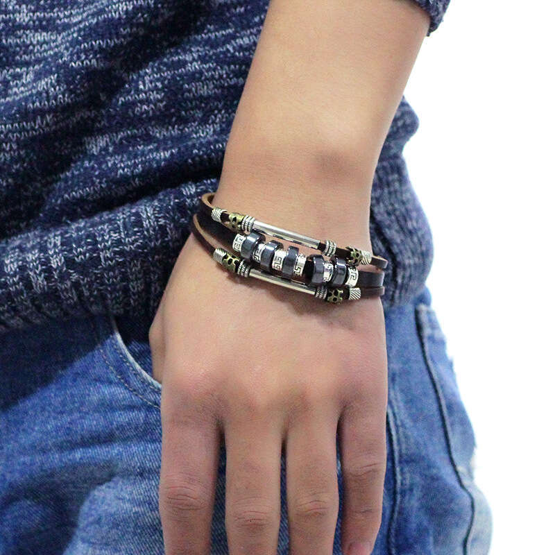 Boutique Handmade Black Gallstone Beaded Metal Accessories Genuine Leather Bracelet Yiwu Small Commodity Jewelry