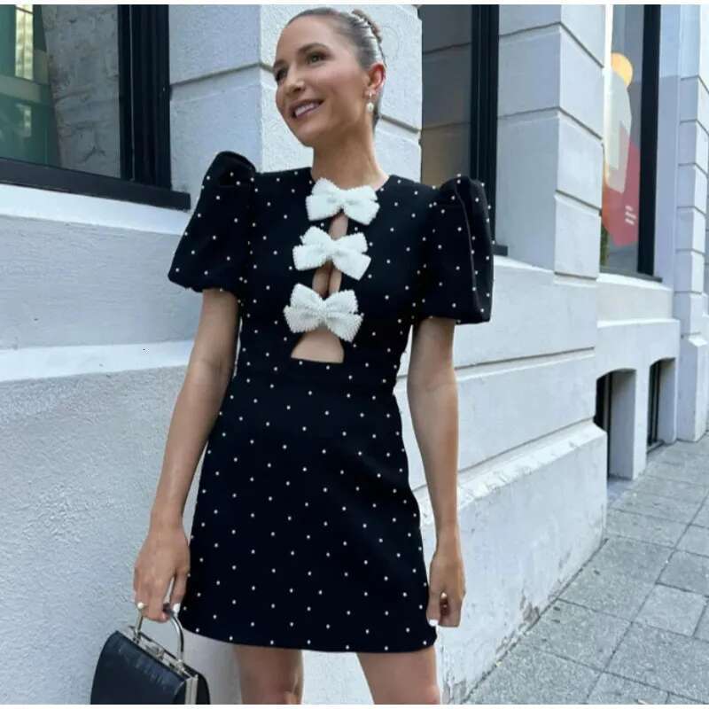 Bow Hollow Out Red Black Mini Dress Women Sexy Puff Sleeve O-Neck Party Dresses 2024 Summer New Elegant Shinny Robe Vestidos