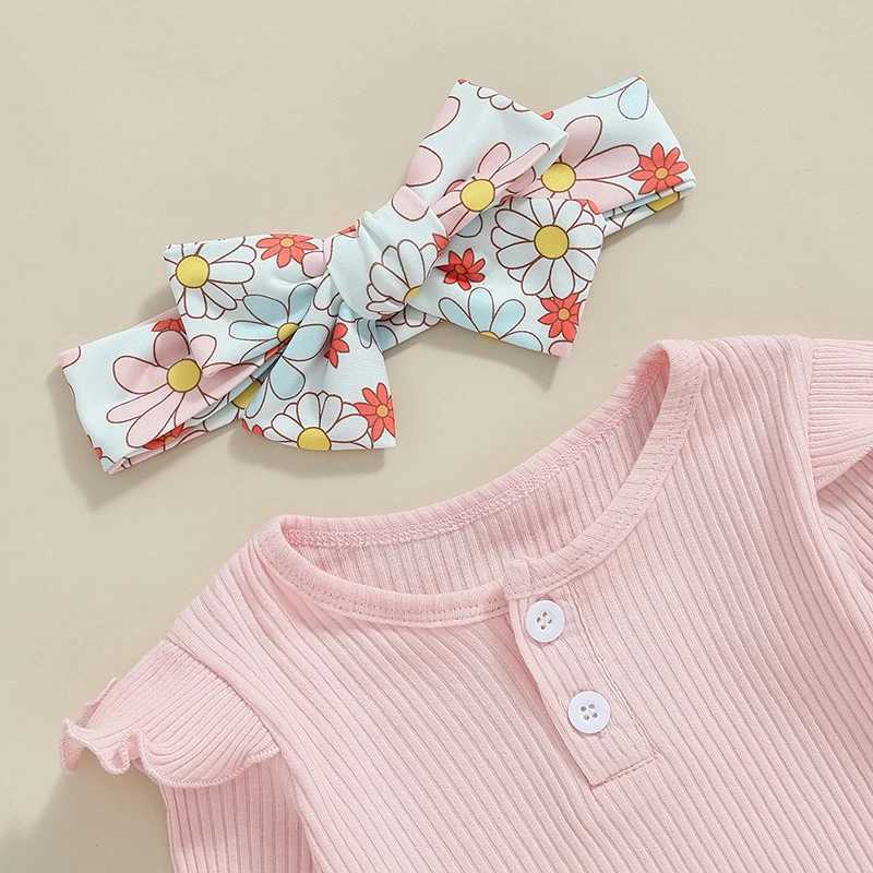 Clothing Sets 2024-05-27 Lioraitiin Baby Girl Fall Outfit Ruffle Ribbed Long Sleeve Romper Flower Flare Pants Tie Bow 3 Piece Set R250424