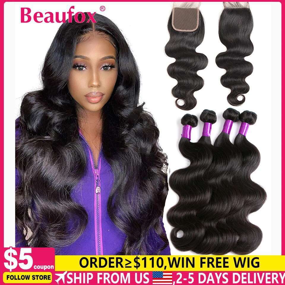 Beaufox Body Wave Brazilian Weave 3/4 Natural Human Hair Bundles With Closure