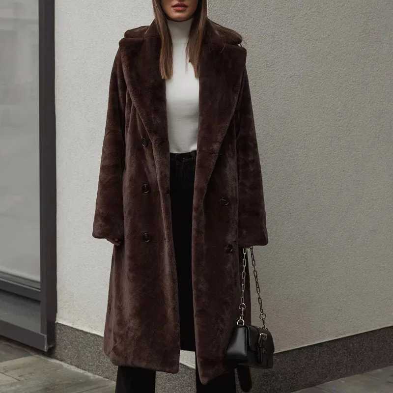 Belted Winter Womens Mink Fur Overcoat Solid Lapel Collar Long Female Eco Fur Coat Double Breasted Detailed Lady Faux Fur Coat J251124