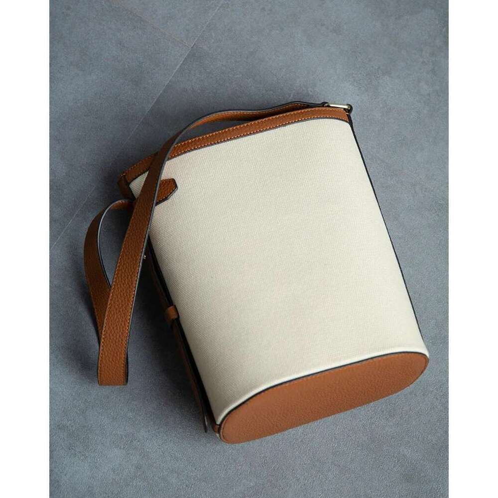 FIRMRANCH Simple Top Quality Waterproof Canvas And Cowhide Shoulder Cylinder Bucket Bag Commuter Large Capacity Woman Purse Tote