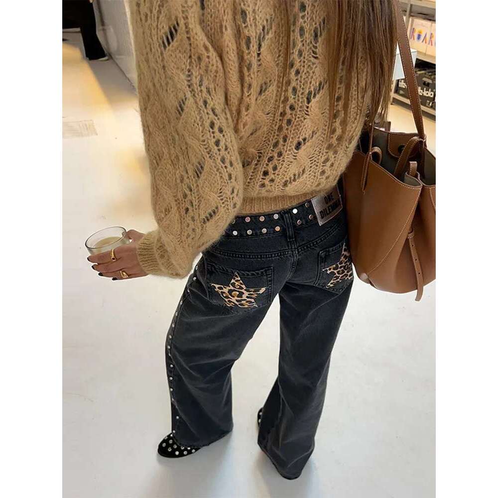 Leopard Print Star Beading Women Denim Pants Metal Rivet Low Rise Straight Wide Leg Jeans Dragging Vintage High Street Pant