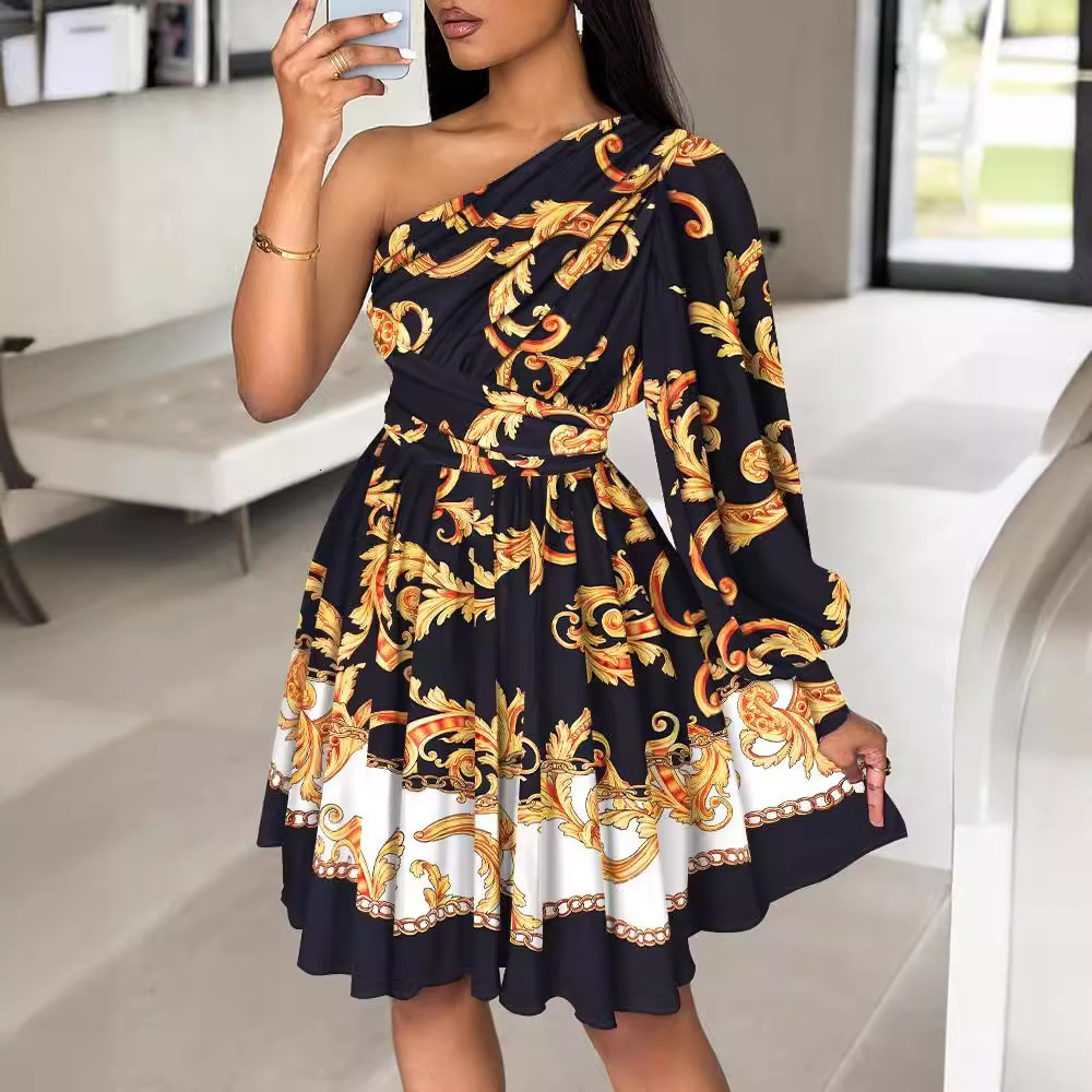 2024 New Fashionable Off Shoulder Waist Printed Womens Dress