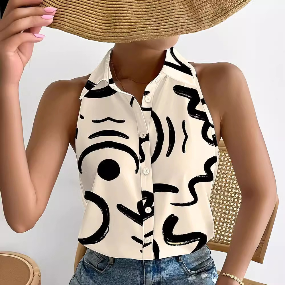 2023 Summer Casual Fashion Off Shoulder Sleeveless Abstract Printed Womens Shirt