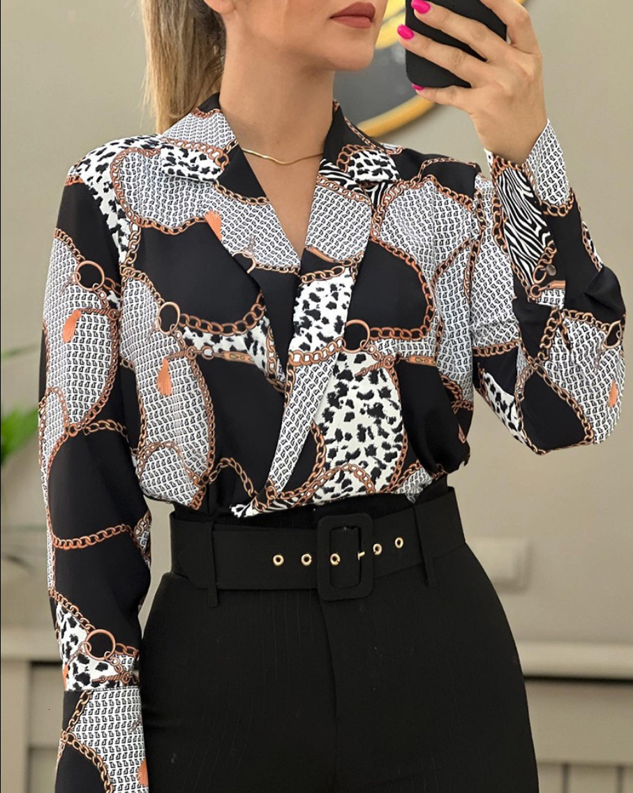 2023 autumn loose long sleeved V-neck pullover printed shirt womens clothing