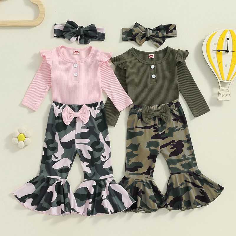 Clothing Sets 2024-05-27 Lioraitiin Baby Girl 3 Piece Fall Outfit Long Sleeve Ribbed Solid Color Romper Camouflage Flared Pants Headband R250424