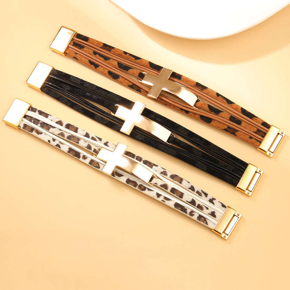Hot selling Multi layer Leather Wide Edge Personalized Cross Couple Handpiece Magnetic Buckle Bracelet