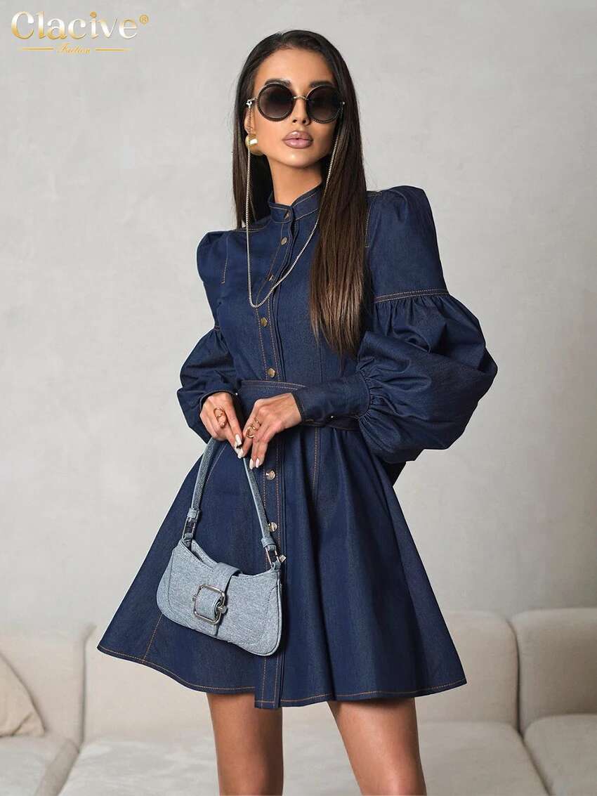 Clacive Fashion Slim Blue Denim Women's 2024 Elegant Stand Collar Long Sleeve Mini Dresses Vintage High Waist Female Dress