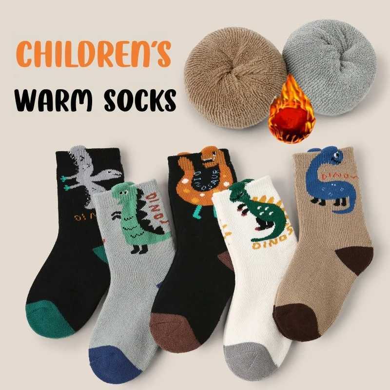1-12T Childrens Winter Socks Baby Cartoon Dinosaur Pattern Warm Socks Boys Thicken Cotton Thermal Socks Mid Calf 5 Pairs G251124