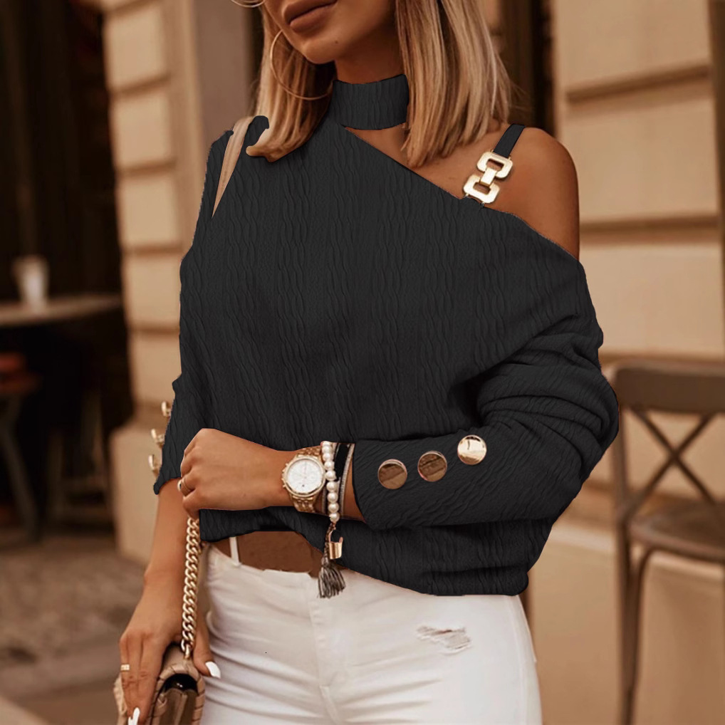 2023 new fashionable and sexy chain button decoration long sleeved shirt for women