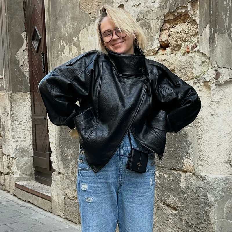 MUJER Black Bomber Jackets for Women Office Faux Leather Womens Jacket Snap Button Winter Coats for Women Overcoat Outerwears J251124