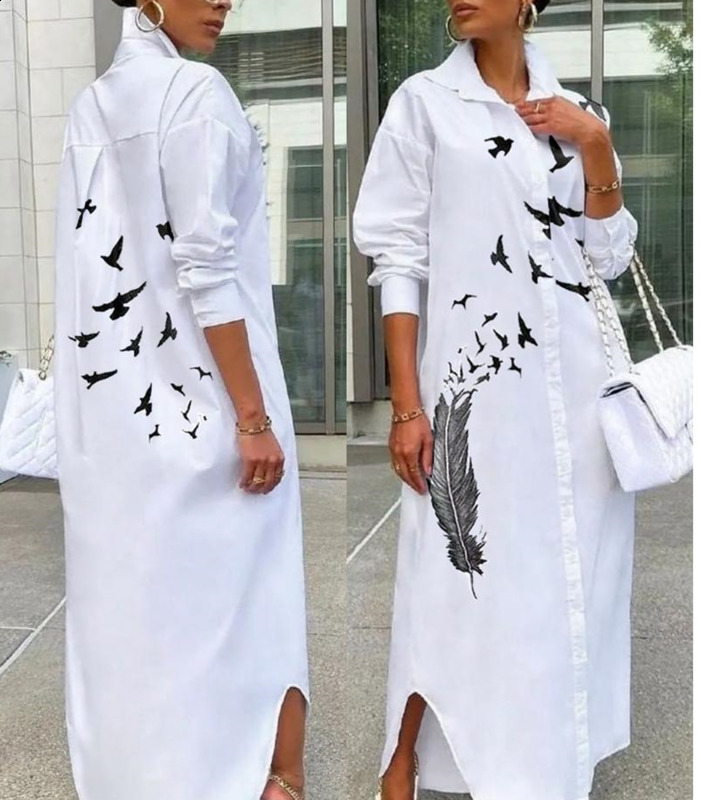 Autumn Long Dress Long Sleeve Shirt Dress Women Character Print Pockets Side Split Button Maxi Loose Casual White Shirt Dress 200928