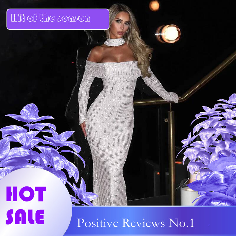 Dongdumaoyi Townlike Elegant Maxi Long Slim Bodycon Dress Women Off Shoulder Autumn Winter Diamonds Nightclub Sexy Party Dresses
