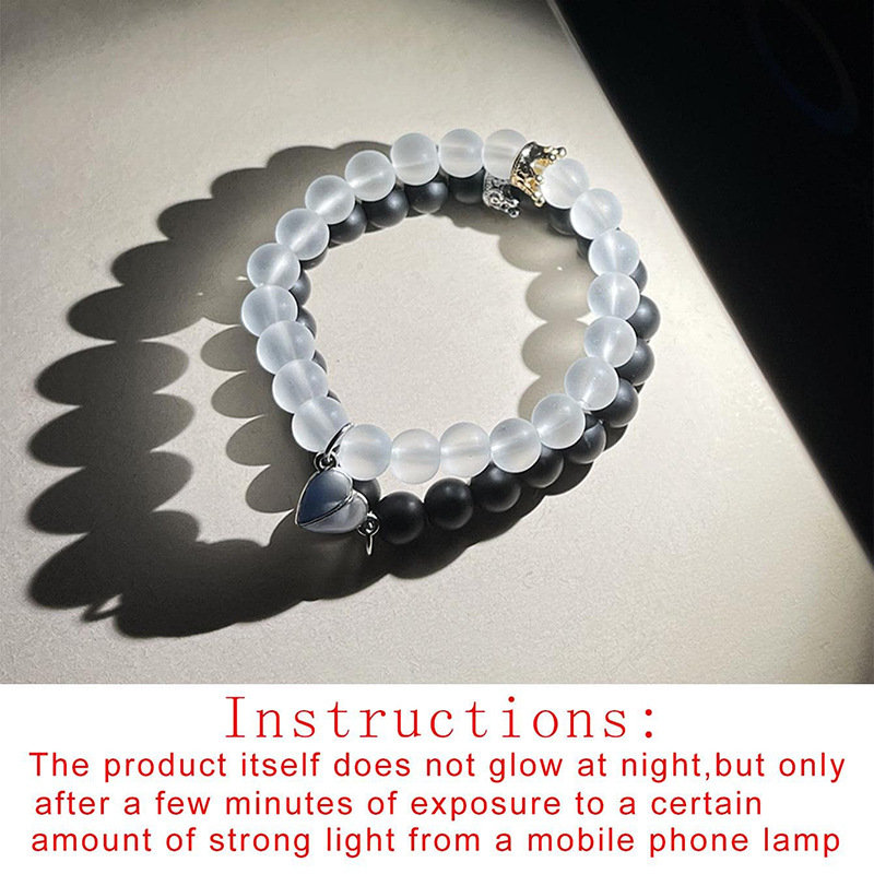 2Pcs Heart Magent Glow in the Dark Handmade Bead BFF Bracelets Lover Bracelets Best Gift for You