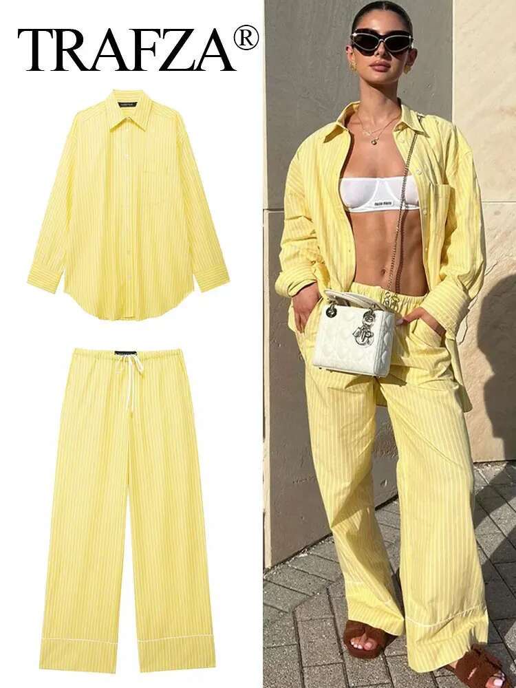TRAFZA Women Yellow Stripe Blouse Pant Suit Loose Long Sleeve Shirt Drawstring Trousers 2024 Female Fashion Streetwear Outfits